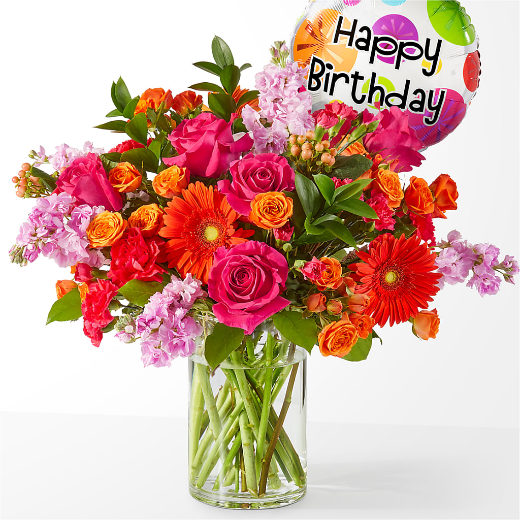 Fiesta Bouquet with Birthday Balloon – BEN & NEVA'S FLOWERS, Grand Saline TX