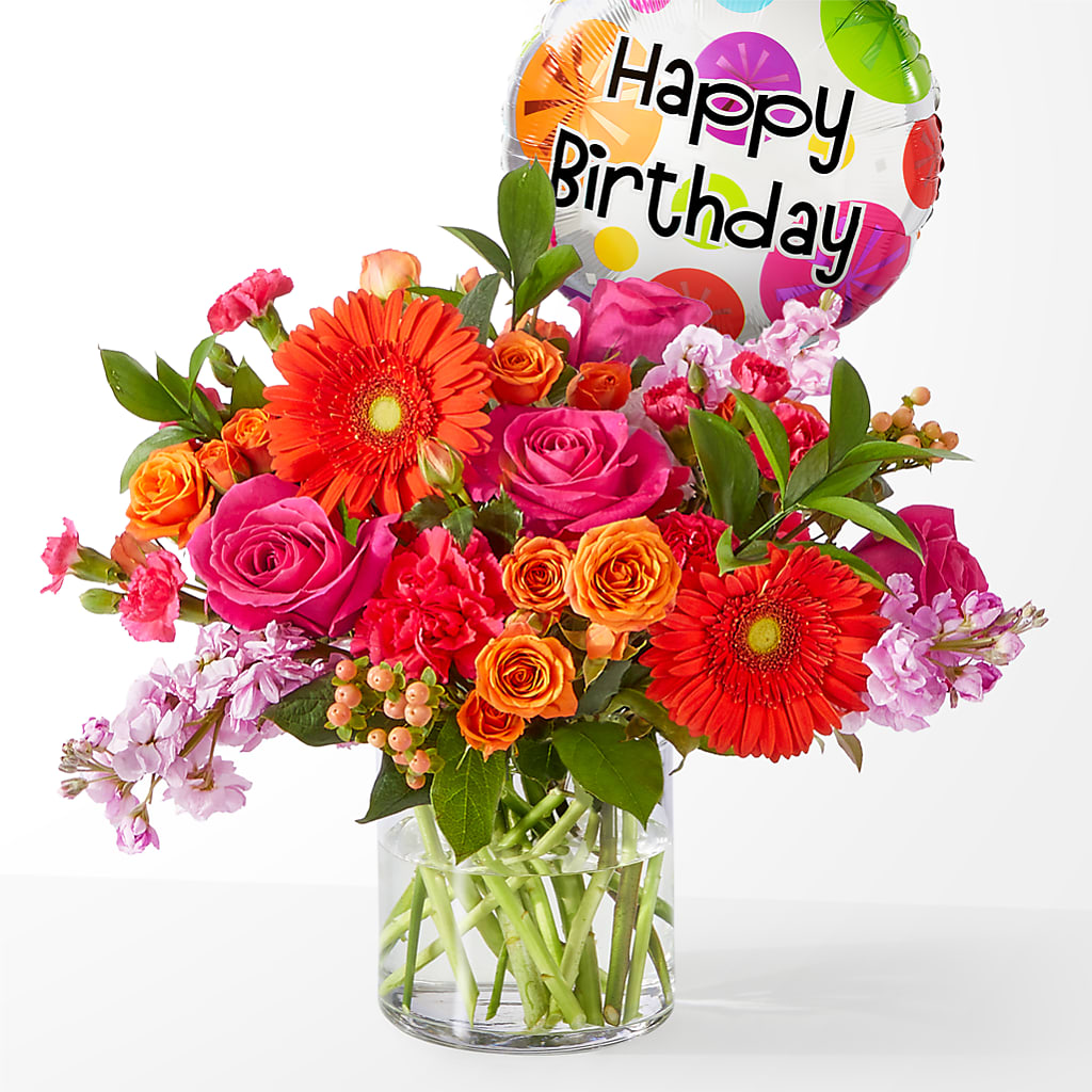 Fiesta Bouquet with Birthday Balloon – BEN & NEVA'S FLOWERS, Grand Saline TX