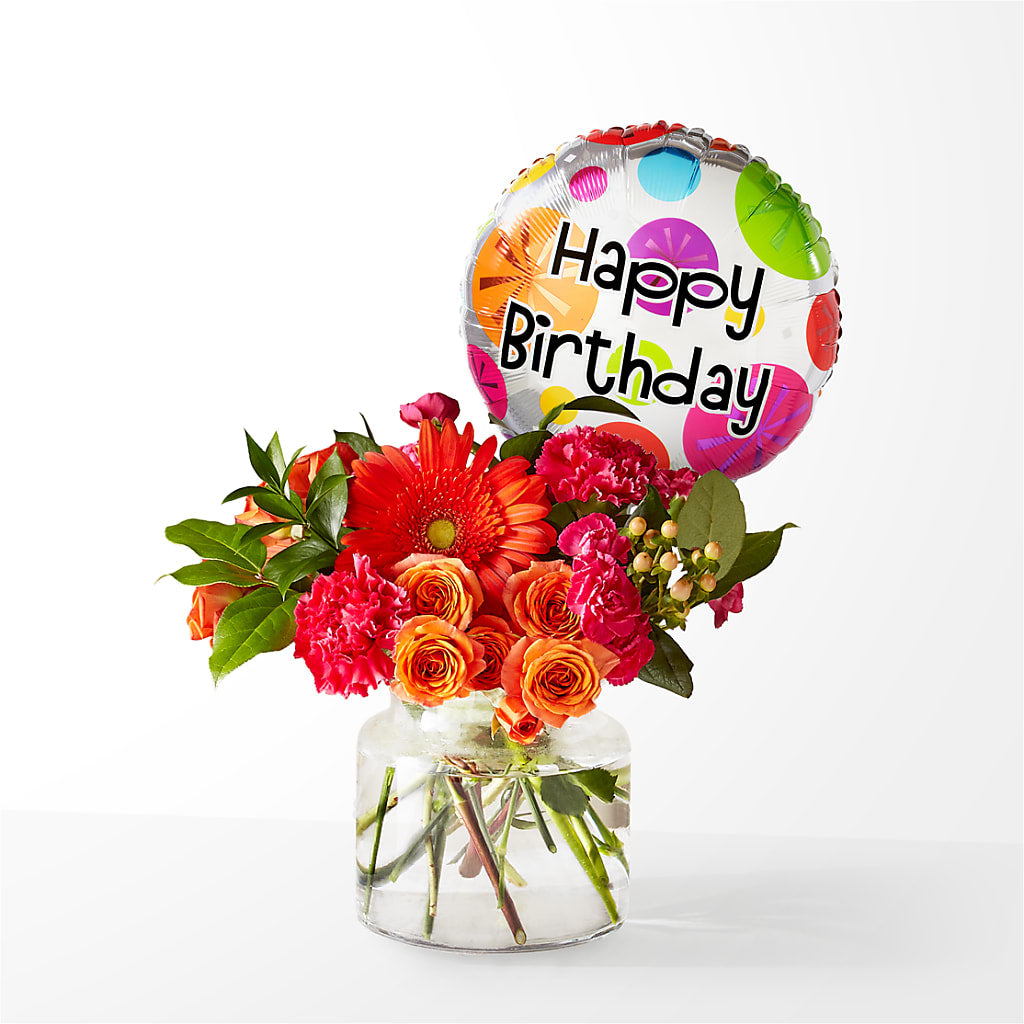 Fiesta Bouquet with Birthday Balloon – BEN & NEVA'S FLOWERS, Grand Saline TX