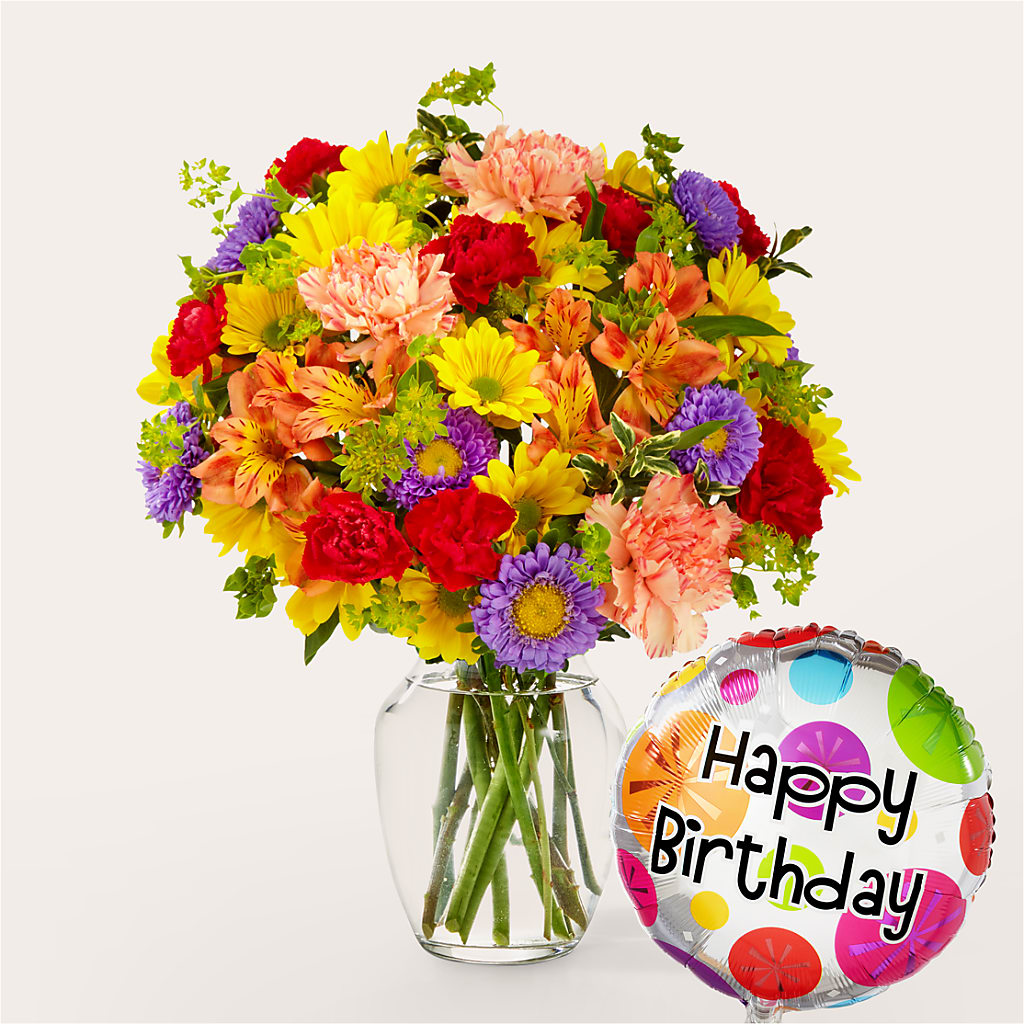 Kaleidoscope Bouquet with Birthday Balloon – BEN & NEVA'S FLOWERS, Grand Saline TX