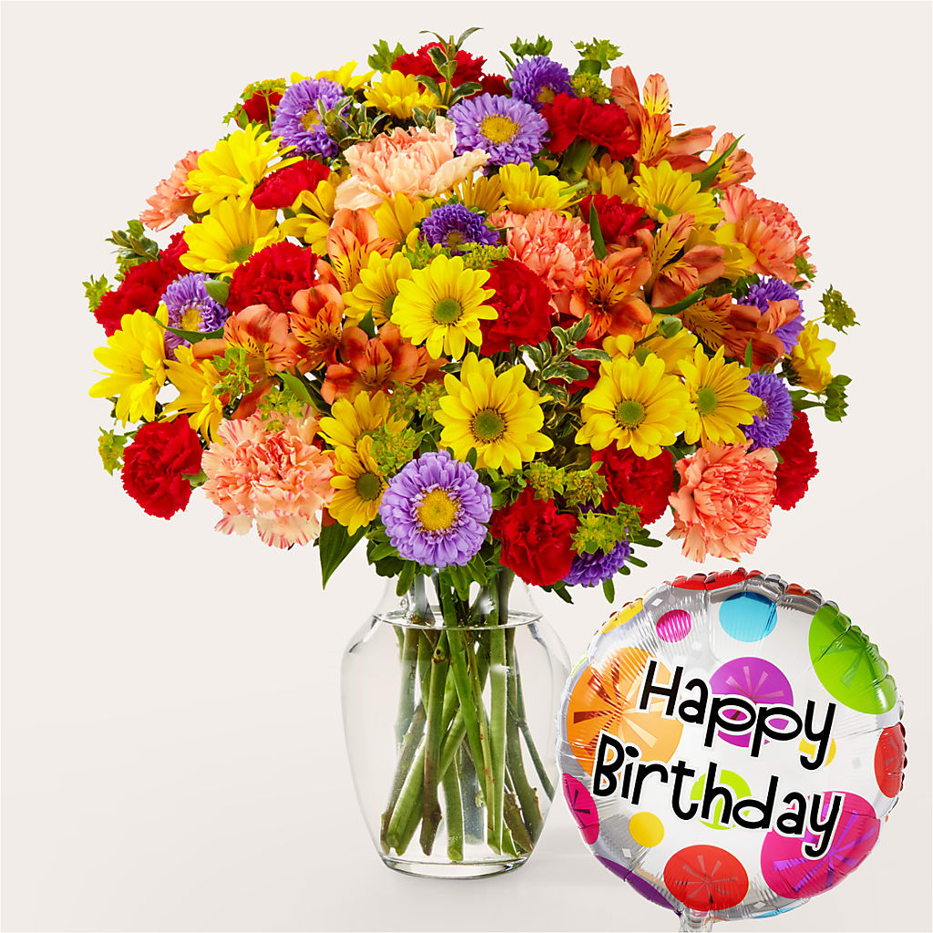 Kaleidoscope Bouquet with Birthday Balloon – BEN & NEVA'S FLOWERS, Grand Saline TX