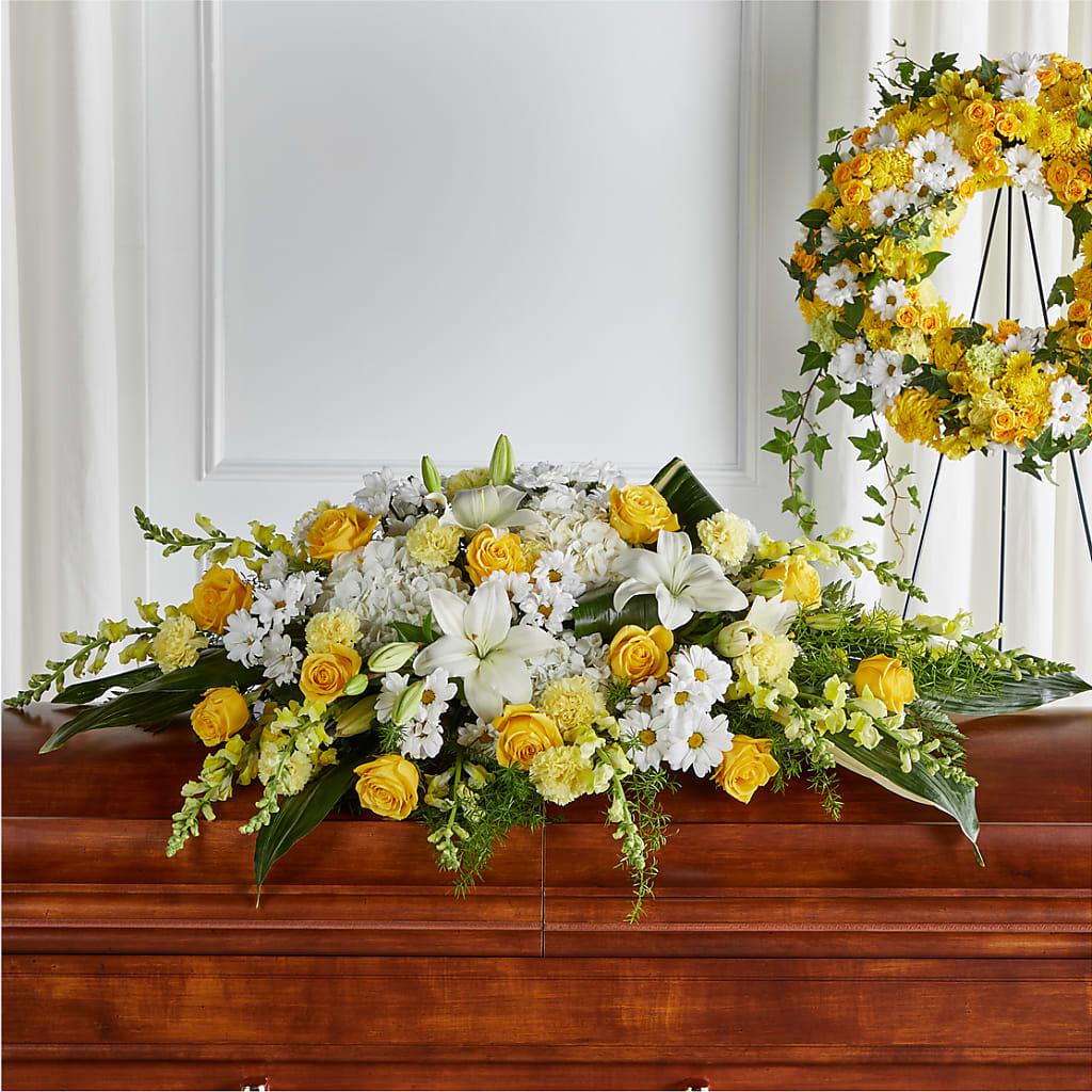 Golden Harmony Casket Spray – BEN & NEVA'S FLOWERS, Grand Saline TX