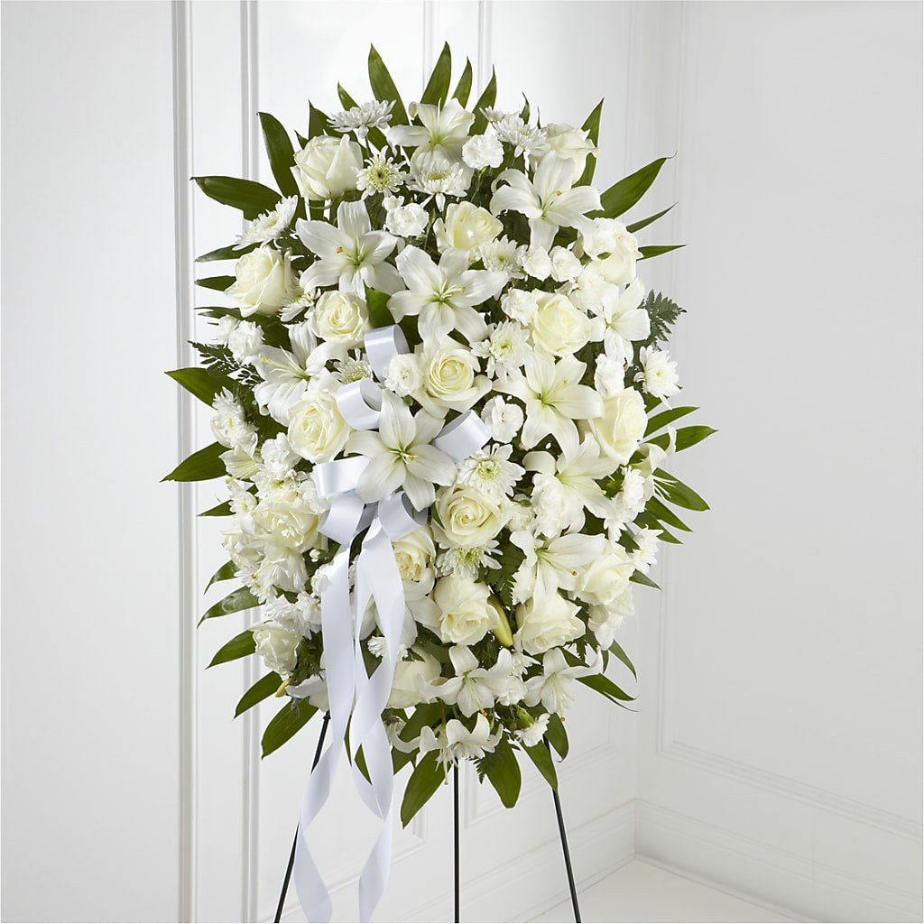 Exquisite Tribute Standing Spray-White Ribbon – BEN & NEVA'S FLOWERS, Grand Saline TX