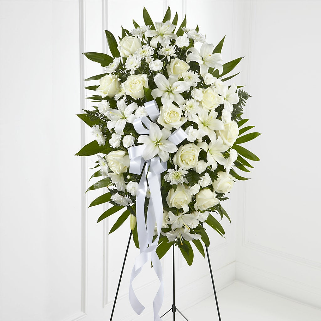 Exquisite Tribute Standing Spray-White Ribbon – BEN & NEVA'S FLOWERS, Grand Saline TX